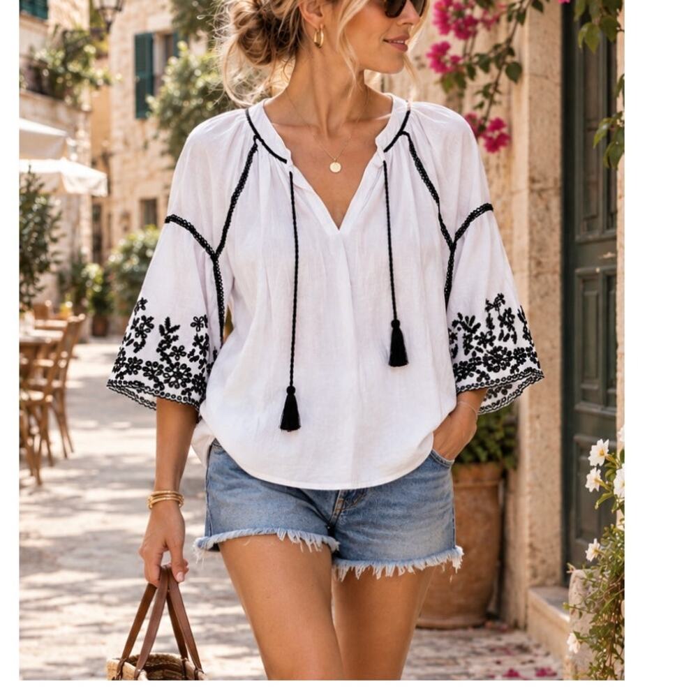 Zara White Black Embroidered Peasant Blouse Tassel Boho Top L
